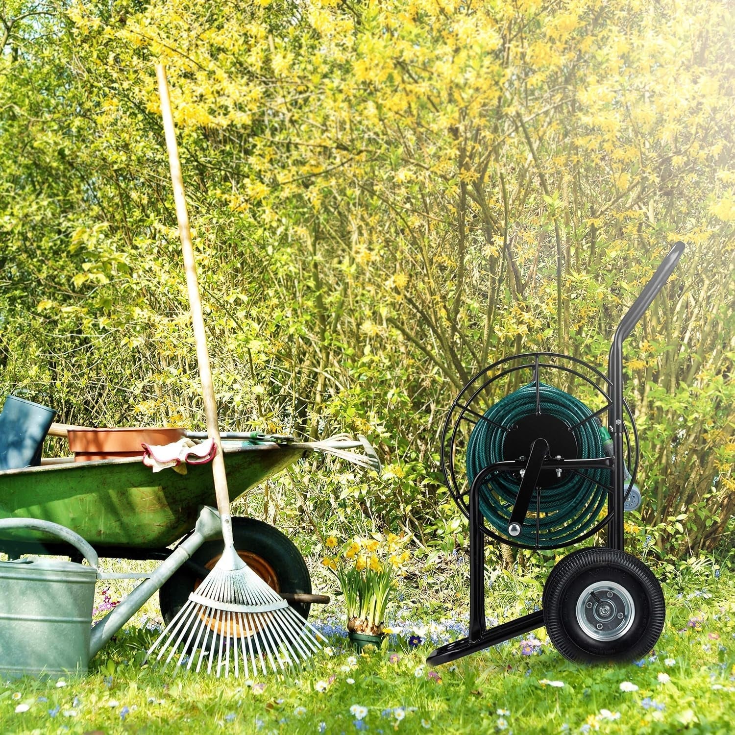Relaxdays slangvagn, mobil slangupprullare, 1/2" och 3/4" anslutning, slang upp till 80 m, 2 hjul, metall, svart