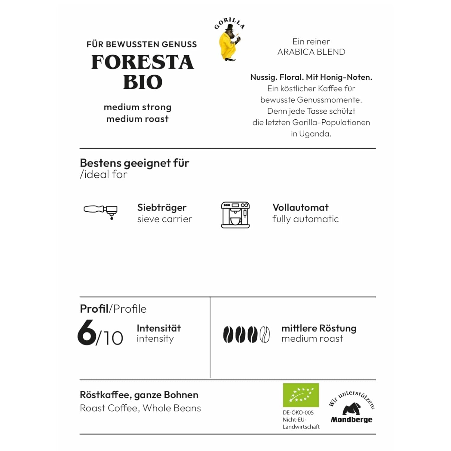 Gorilla Foresta Coffee 6 x 1000g helrostade bönor | Arabica blandning | Portafilter och helautomatiska espressomaskiner | Espressokaffe