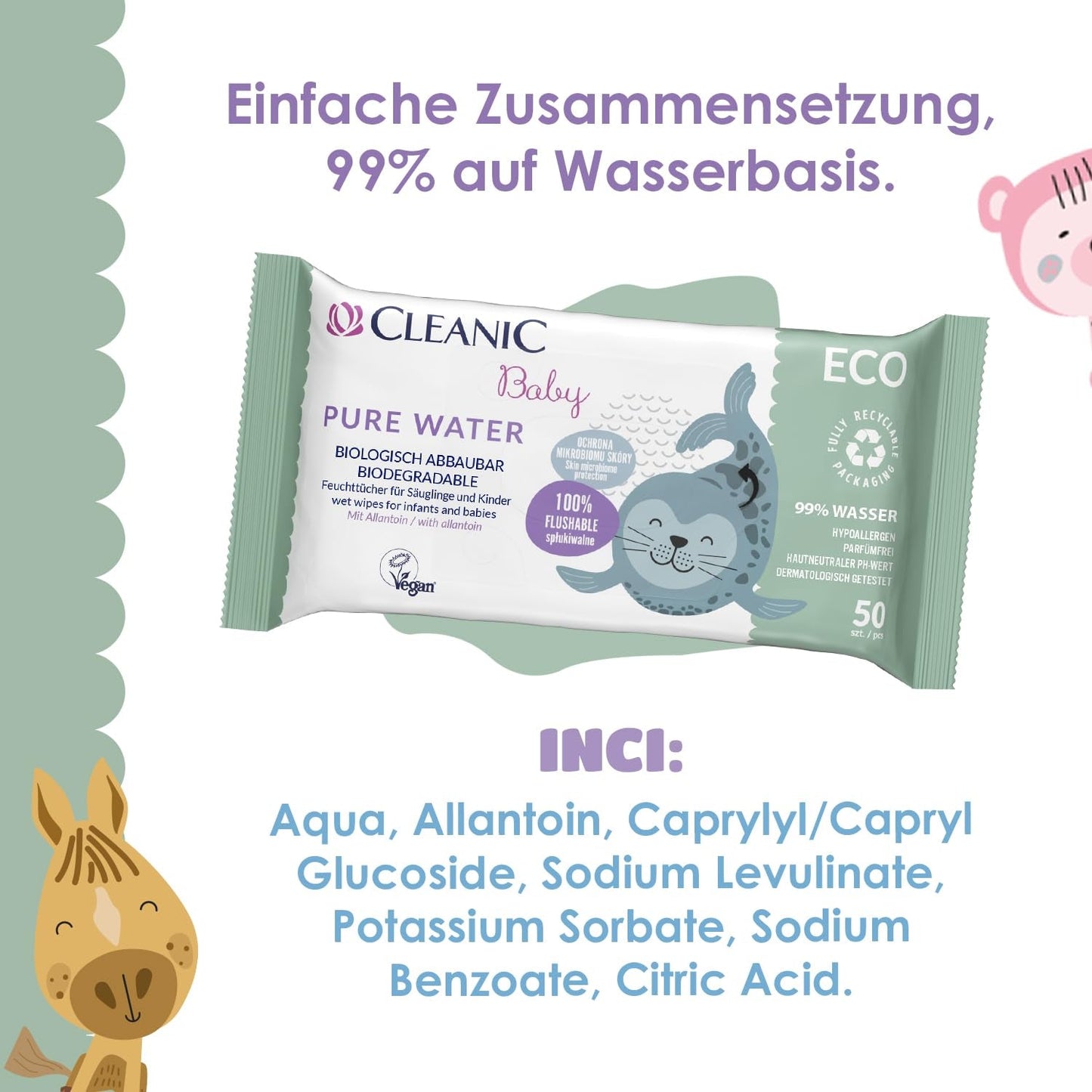 Cleanic Baby Eco Pure Water Wet Wipes – (1 x 50 st.) Våtservetter för barn och spädbarn – parfymfri, sköljbar, känslig hud – 50 st.
