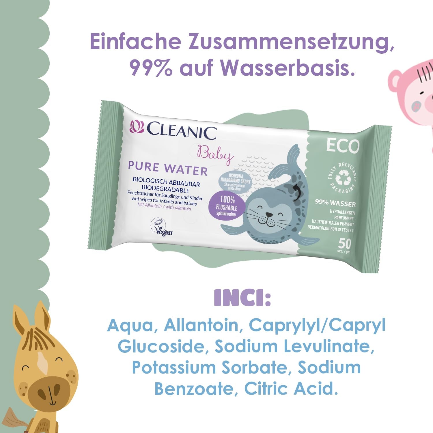Cleanic Baby Eco Pure Water Wet Wipes – (1 x 50 st.) Våtservetter för barn och spädbarn – parfymfri, sköljbar, känslig hud – 50 st.