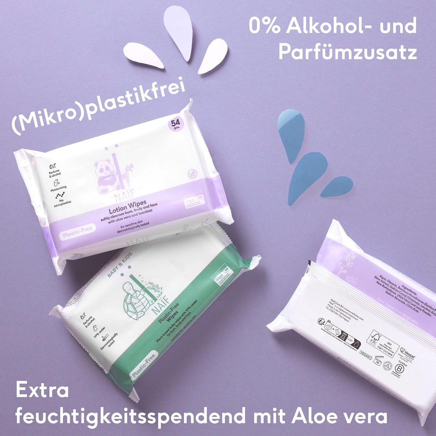 Naïf - Våtservetter utan plast - 162 stycken (3 förpackningar med 54 våtservetter vardera) - för spädbarn och barn - botten, kropp, ansikte - med aloe vera och bambu - 0% doft och alkohol