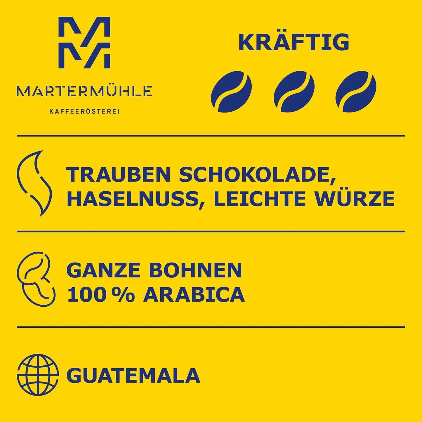Kaffebönor Martermühle Guatemala 1kg stark | Arabiska | Smaker: Hasselnötter, Lätta kryddor, Choklad med vindruvor | Lättrostade hela kaffebönor, Låg syra