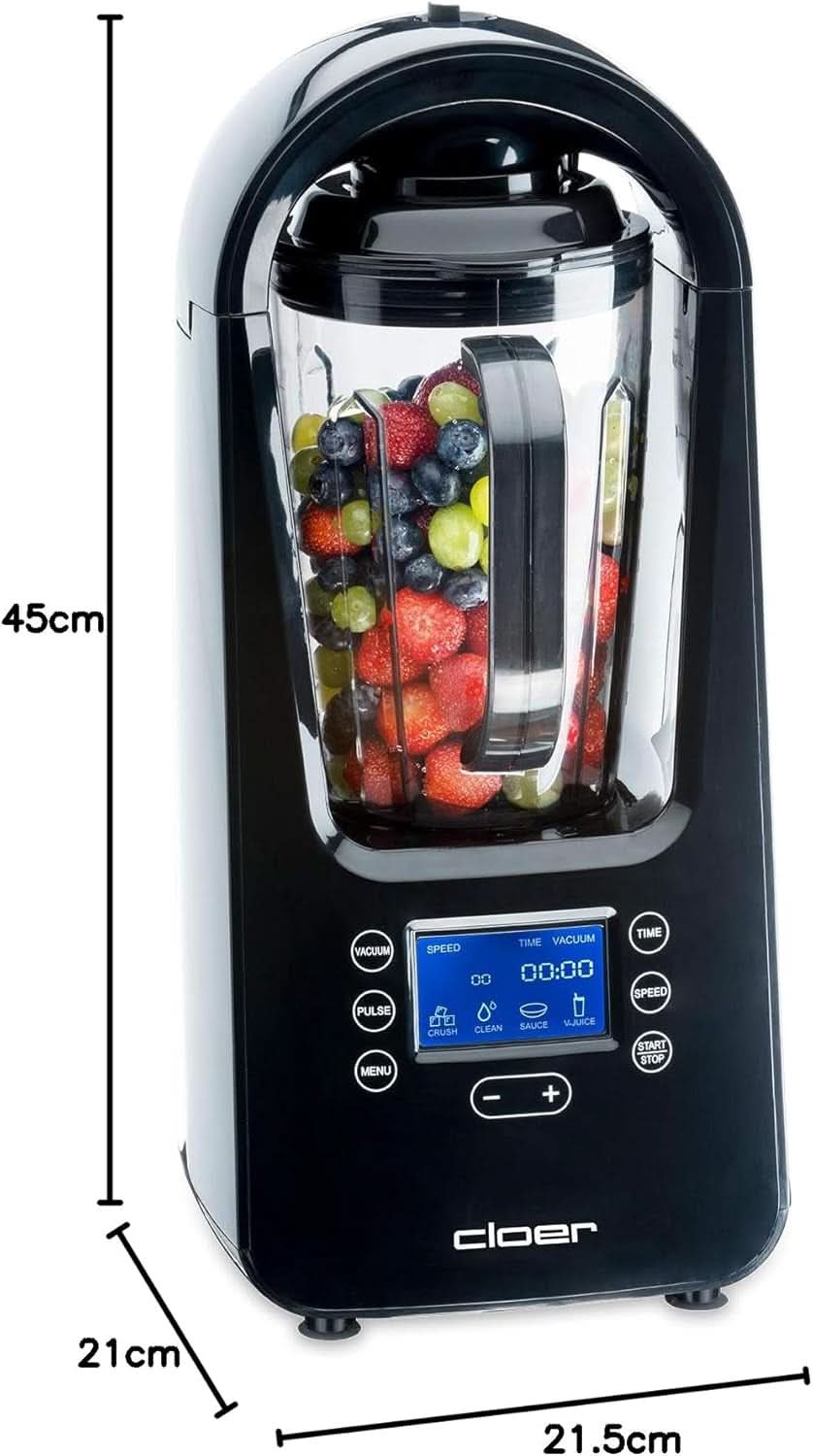 Cloer 6980 Vakuum Standmixer / 800 Watt / 21 000 U/Min. / Inkl. Vorratsbehälter/Vakuumventil/Automatikprogram/Eis-Crush-Funktion/Reinigungsfunktion/Schwarz, 1500 Milliliters Kitchen Naty Shop