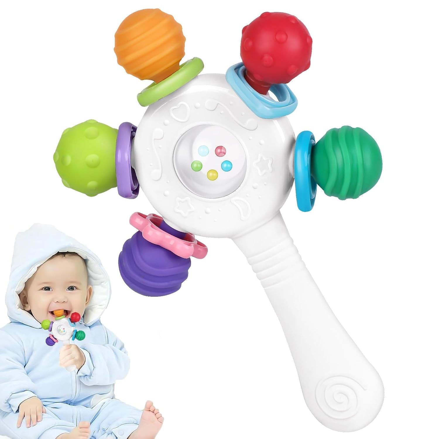 Livsmedelsklassade babybitringar - BPA-fria, kvävningsbeständig design, förstärkt grepp, lämplig för hörsel och tandutveckling, idealisk för spädbarn 0-36 månader (vit)