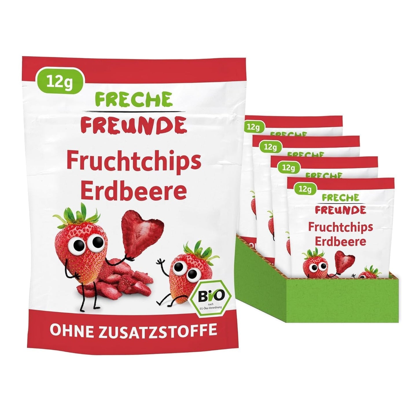 FRECHE FREUNDE Ekologiska jordgubbschips, frystorkade fruktchips, naturlig skivad torkad frukt utan tillsatt socker, vegan, laktosfri, glutenfri, paket med 12 (12 x 12g)