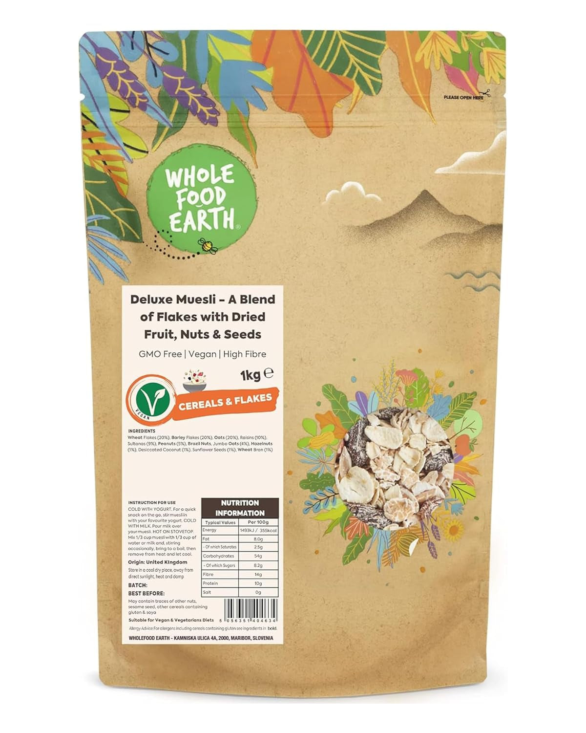 Muesli Deluxe Wholefood Earth - En blandning av flingor med torkad frukt, nötter och frön 1 kg | Icke-GMO | Rik på fiber