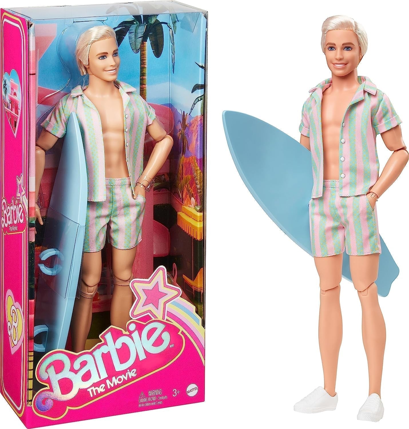 Barbie the Movie - Doll Movies Fans, Ken Doll, Samlardocka med surfbräda och sneakers, rörlig kropp, platinablont hår, lämplig som present till 3 år gamla barn, HPJ97 Naty Shop Dolls Standardtitel