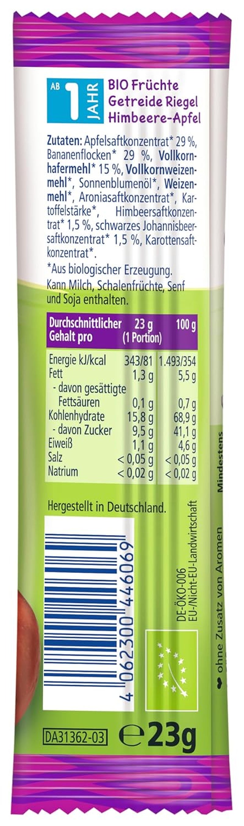 HiPP Zebrabars med smak av hallon och bananäpple (22 x 23g), från 1 år, endast sötad med frukt, av bästa ekologiska kvalitet