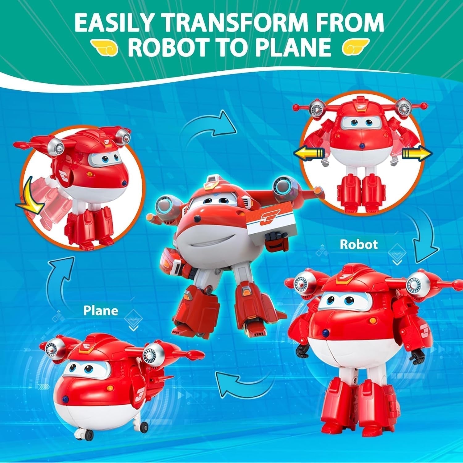 Super Wings 5" Transforming Characters 2-pack Transforming Supercharged Jett + Tino Transformer Toy för pojkar och flickor i åldrarna 3+ Röda actionfigurer Naty Shop