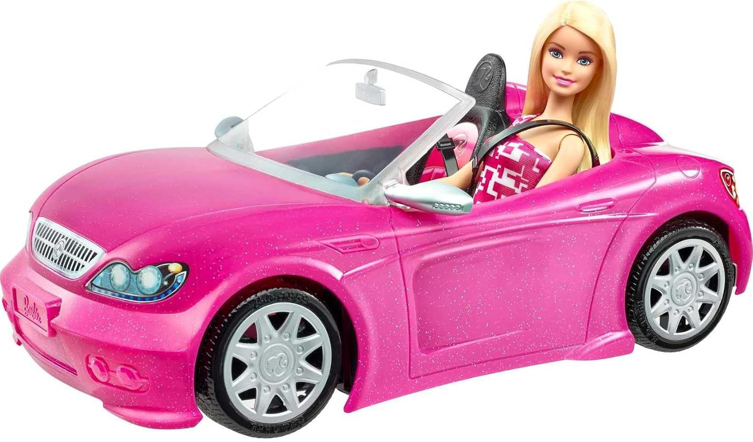 Barbie Doll and Pink Glitter Cabriolet, realistiska däck, logotyp, leksak för åldrarna 3 och uppåt, DJR55