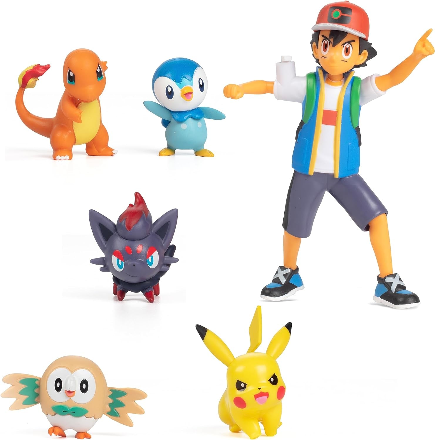 Pokémon Battle redo! 6-delad figuruppsättning - 11,4 Cm Ash & Launching Pikachu, 5,1 Cm Charmander, Rowlet, Piplup, Zorua - Officiellt licensierad - Påskpresent för barn, pojkar, flickor Actionfigurer Naty Shop