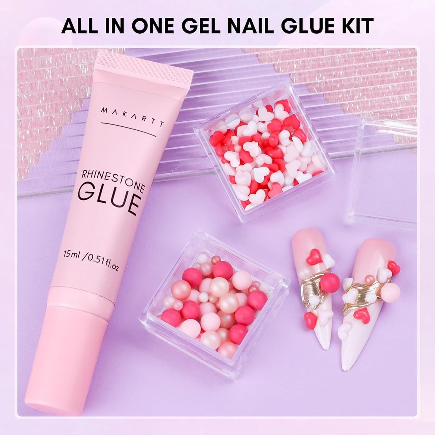 Makartt Rhinestone Adhesive Gel - 15ml UV Nagellim Set med Rosa Nail Charms Heart Circle Nail Smycken och Nageldesign Tillbehör för Hemmanikyr Alla hjärtans dag present
