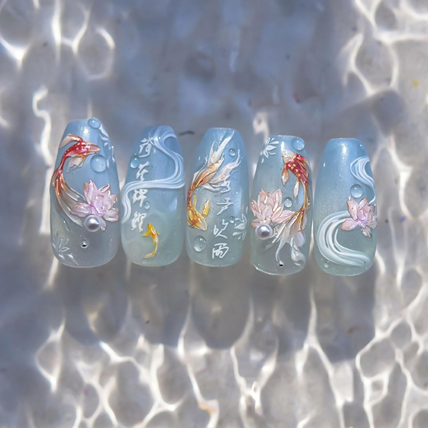 JMEOWIO 3D Nagelsticker Koi Fisch Nail Art Sticker Selbstklebend Nagelaufkleber 5D Stereoskopisk Dekoration Nageldesign Zubehör 1 Blatt