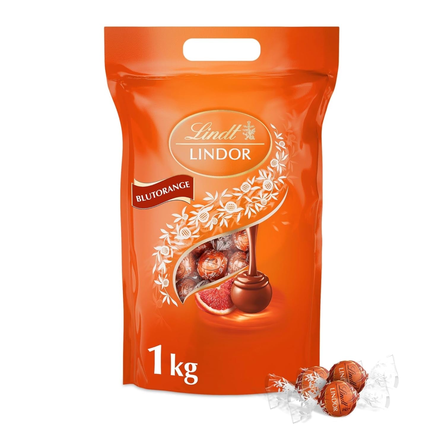 Lindt LINDOR Röda Orange Chokladbollar | 1 kg återförslutningsbar påse | ca. 80 chokladgodisar med smält-i-mun-fyllning | Bulkpaket, chokladpresent