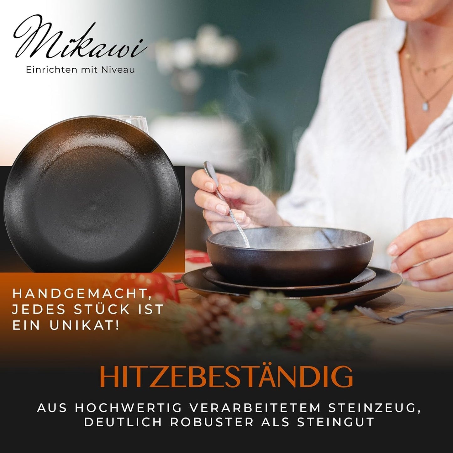 12-delat servisset i stengods - Prairie Line - Elegant design i bruna/svarta toner, set med 4 middagstallrikar, 4 desserttallrikar och 4 middagstallrikar/premiumkollektion