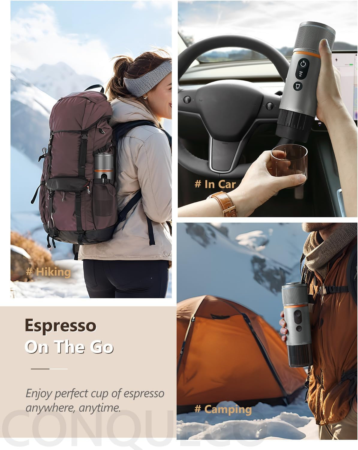 CONQUECO 12V bilespressomaskin: Bärbar espressomaskin med batteri för camping och resor - snabb uppvärmning på 2,5 minuter - 8 espressokoppar i en laddning