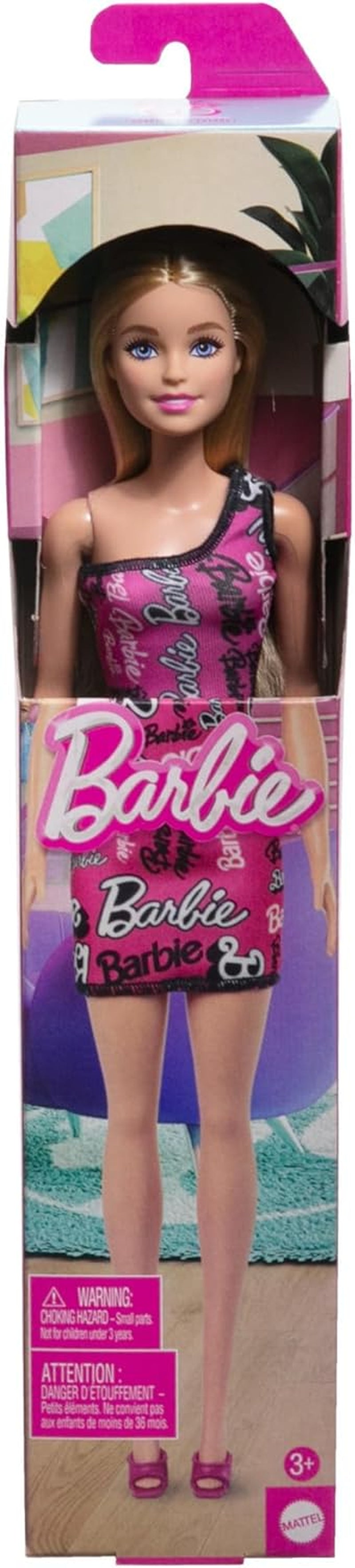 Barbie Modedocka med rakt blont hår i rosa One Shoulder Stretch-klänning och logotyptryckta skor HRH07 Naty Shop Dolls