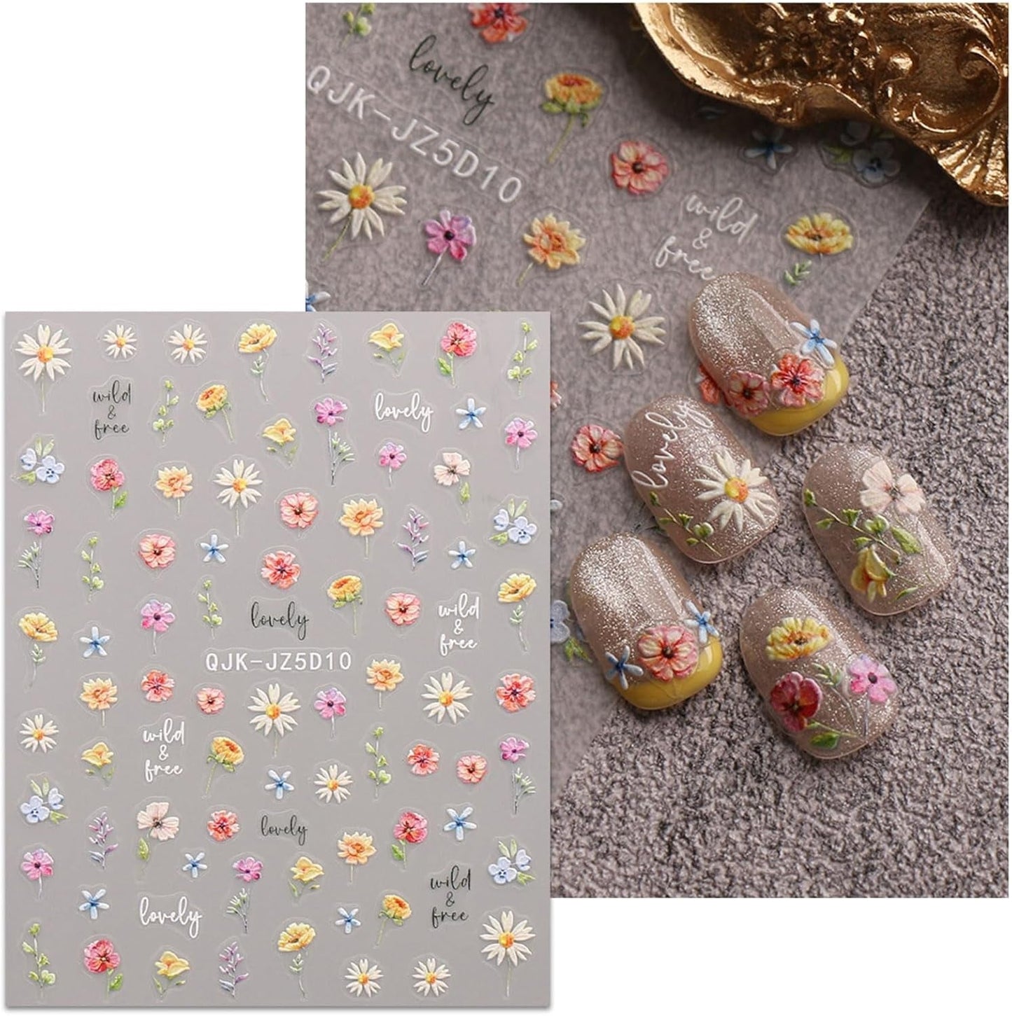 JMEOWIO 3D Nagelsticker Blumen Nail Art Sticker Selbstklebend Nagelaufkleber 5D Stereoskopisk Frühling Sommer Blumen Dekoration Nageldesign Zubehör 4 Blatt