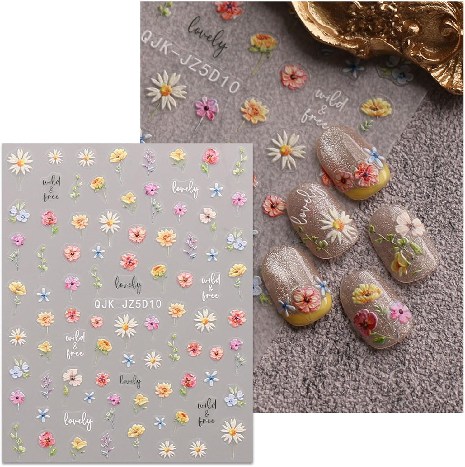 JMEOWIO 3D Nagelsticker Blumen Nail Art Sticker Selbstklebend Nagelaufkleber 5D Stereoskopisk Frühling Sommer Blumen Dekoration Nageldesign Zubehör 4 Blatt