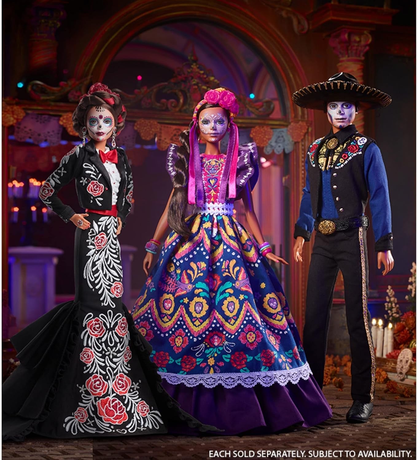 2022 Día De Muertos barbiedocka med rufsig traditionell klänning, blomsterkrans och Calavera ansiktsfärg, present till samlare