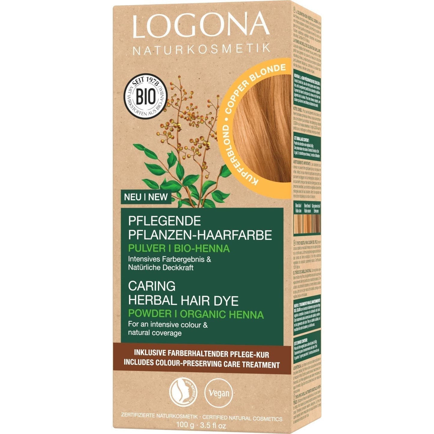 LOGONA Natural Cosmetics Örtvårdande hårfärgningsmedel, organiskt hennapulver Vegansk hårfärg för intensiv färg och glans, örtfärgat hårfärg i kopparblont (blond), 1 x 100 g Naty Shop kopparblont hårfärg 100 g (1 förpackning)