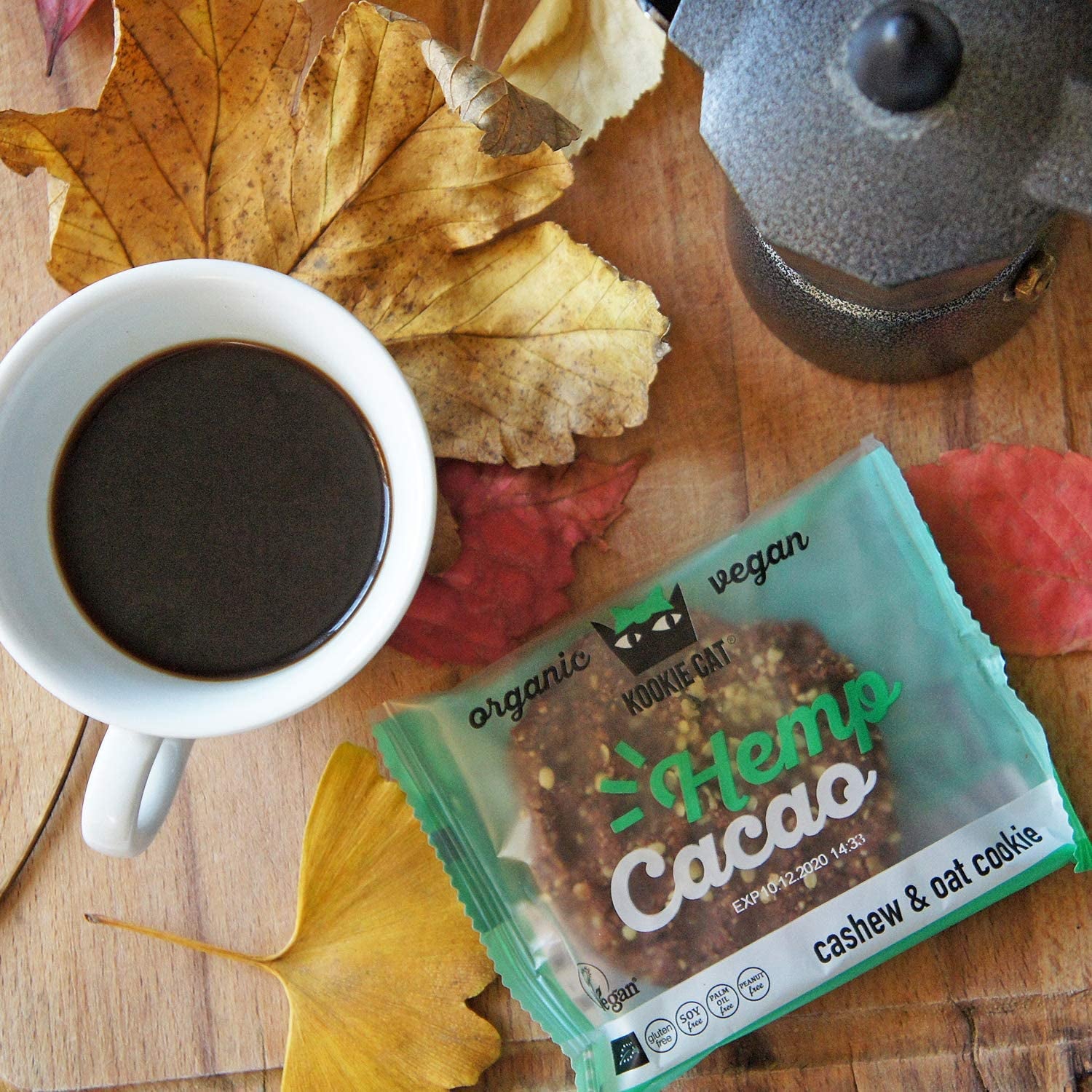 Hampafrön och kakao - individuellt förpackade veganska glutenfria sojafria ekologiska cashew- och havrekakor - 12 x 50 g multipack