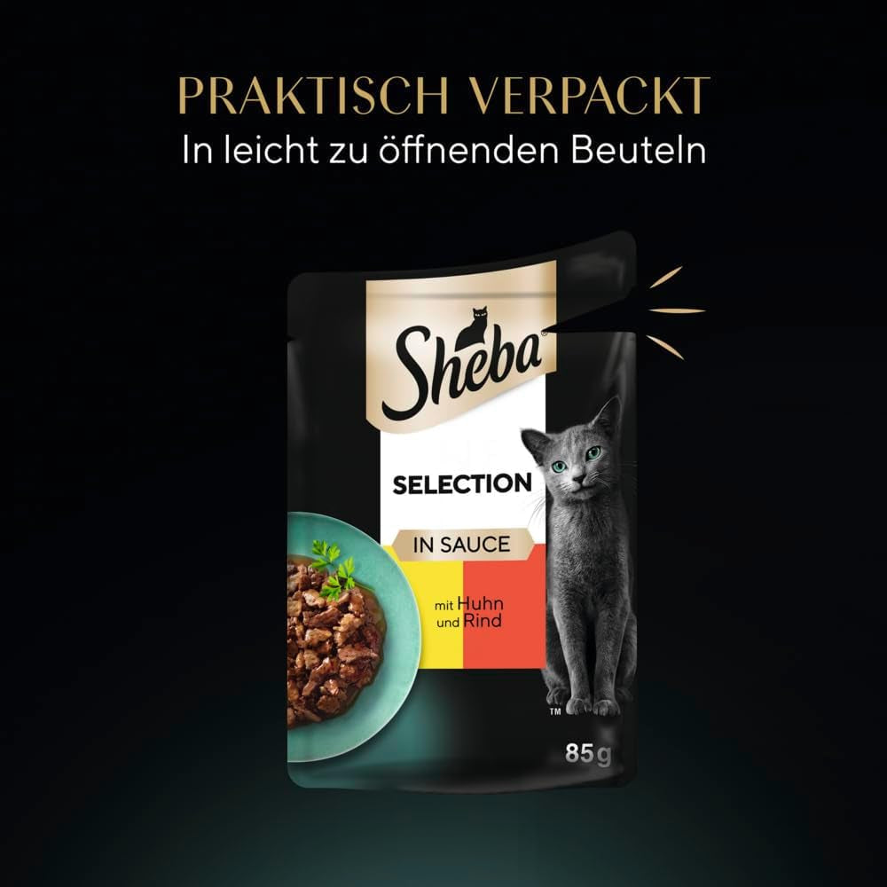 Våtfoder för katter Sheba Selection i portionspåsar med kyckling och nötkött i sås 28x85g