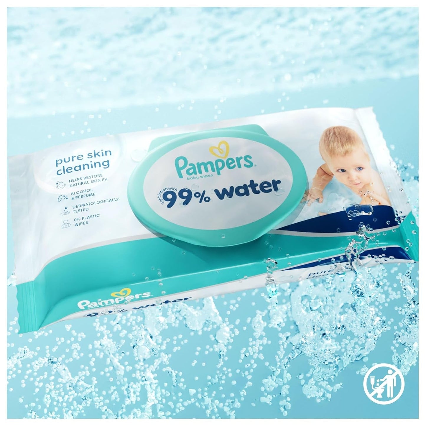 Pampers 99% vatten babyservetter, 12 förpackningar med 60 torkdukar vardera = 720 babyservetter, lätt lotion 99% vatten