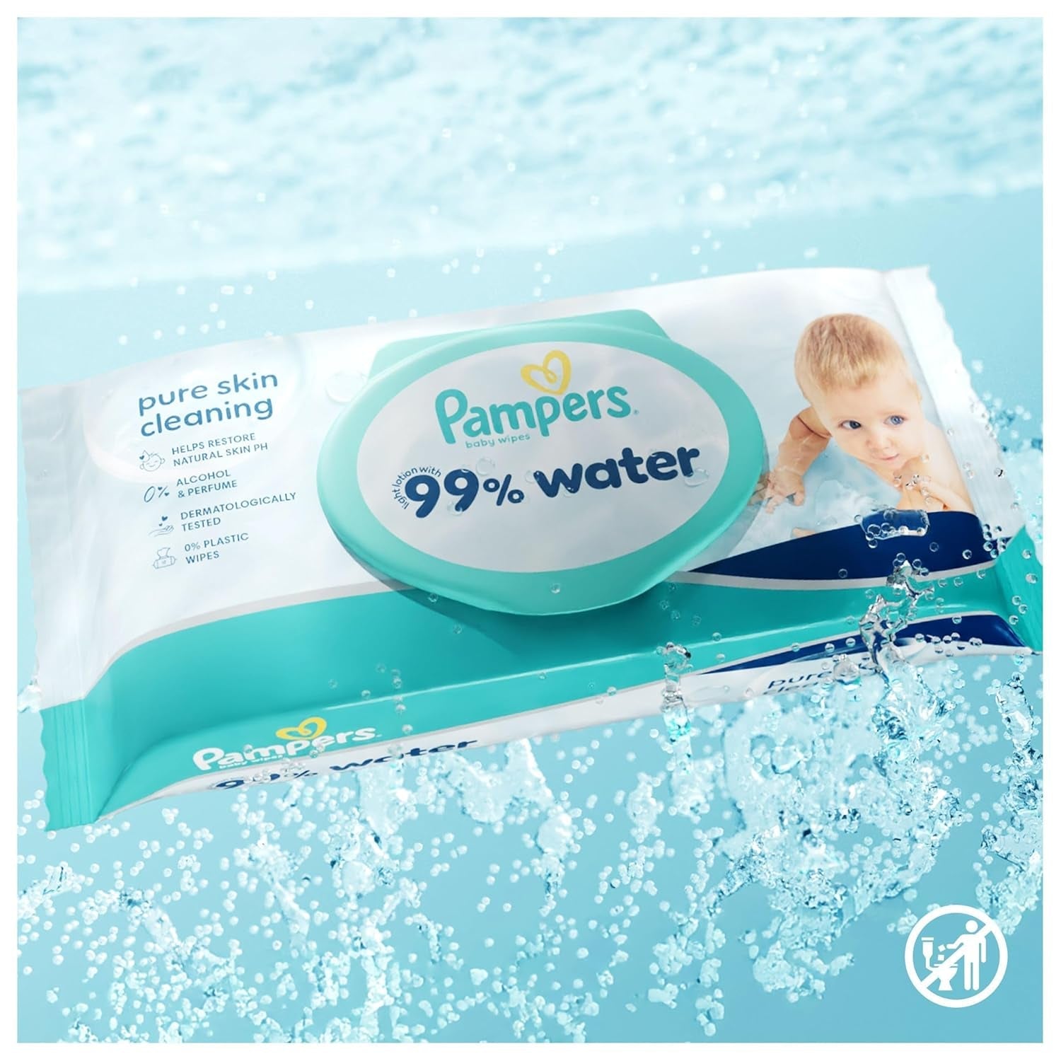 Pampers 99% vatten babyservetter, 12 förpackningar med 60 torkdukar vardera = 720 babyservetter, lätt lotion 99% vatten