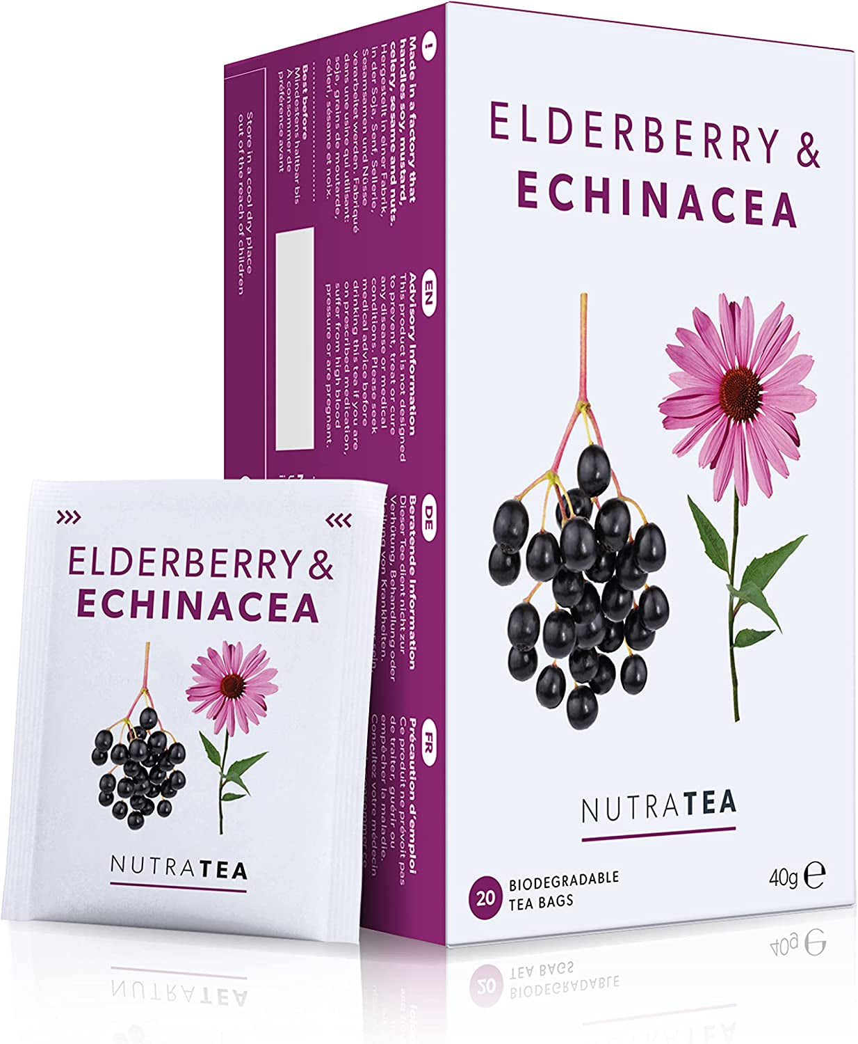 Nutra-te fläderbär & echinacea, immunitets- och förkylningste, immunstödste, kallkamp, ​​20 återanvändbara tepåsar, naturligt örtte
