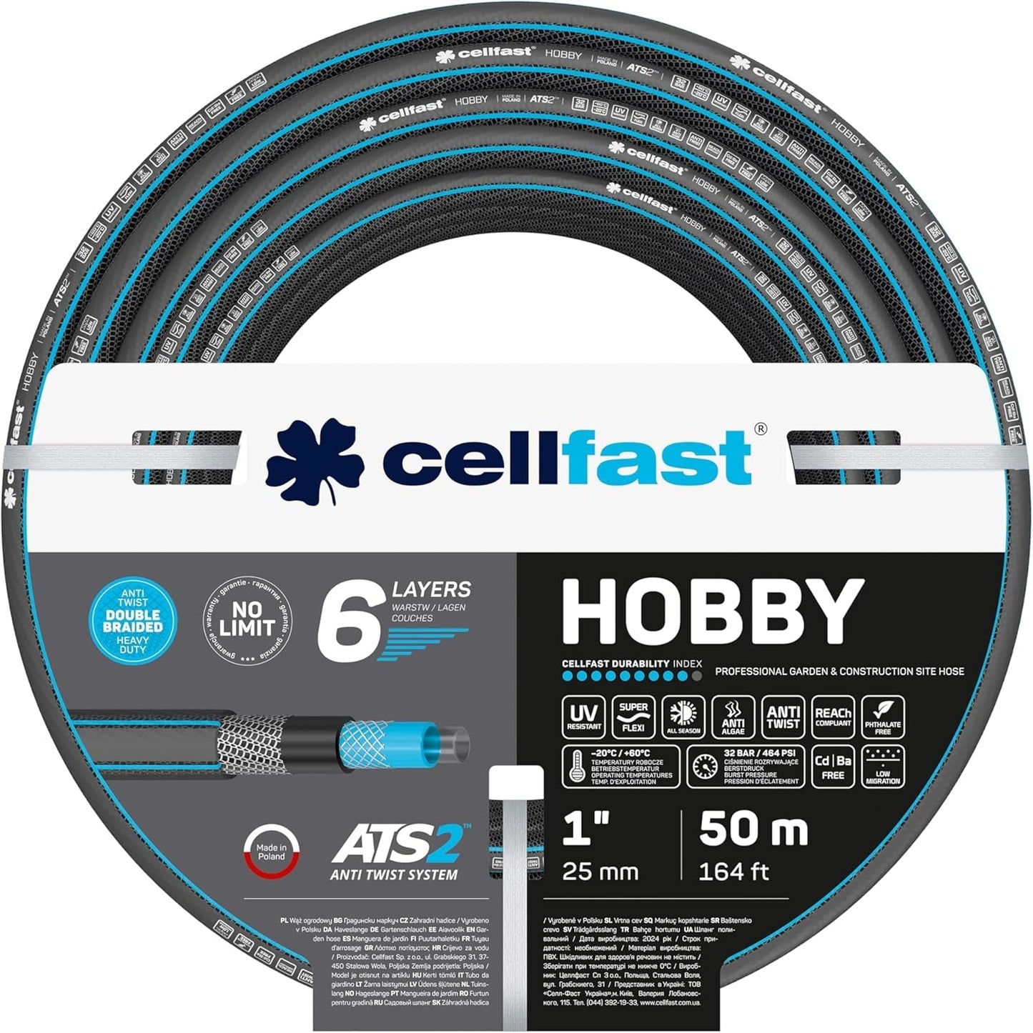 CELLFAST Trädgårdsslang 6-lagers vattenslang Dubbelflätad tyg bevattningsslang UV-beständig anti-alger flexibel slang 32 bar 1 tum 25 meter Hobby