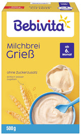 Semlegrynsgröt med mjölk (4 x 500g), mat för bebisar från 6 månader, inget tillsatt socker, med värdefulla mineraler och vitaminer, mycket mättande