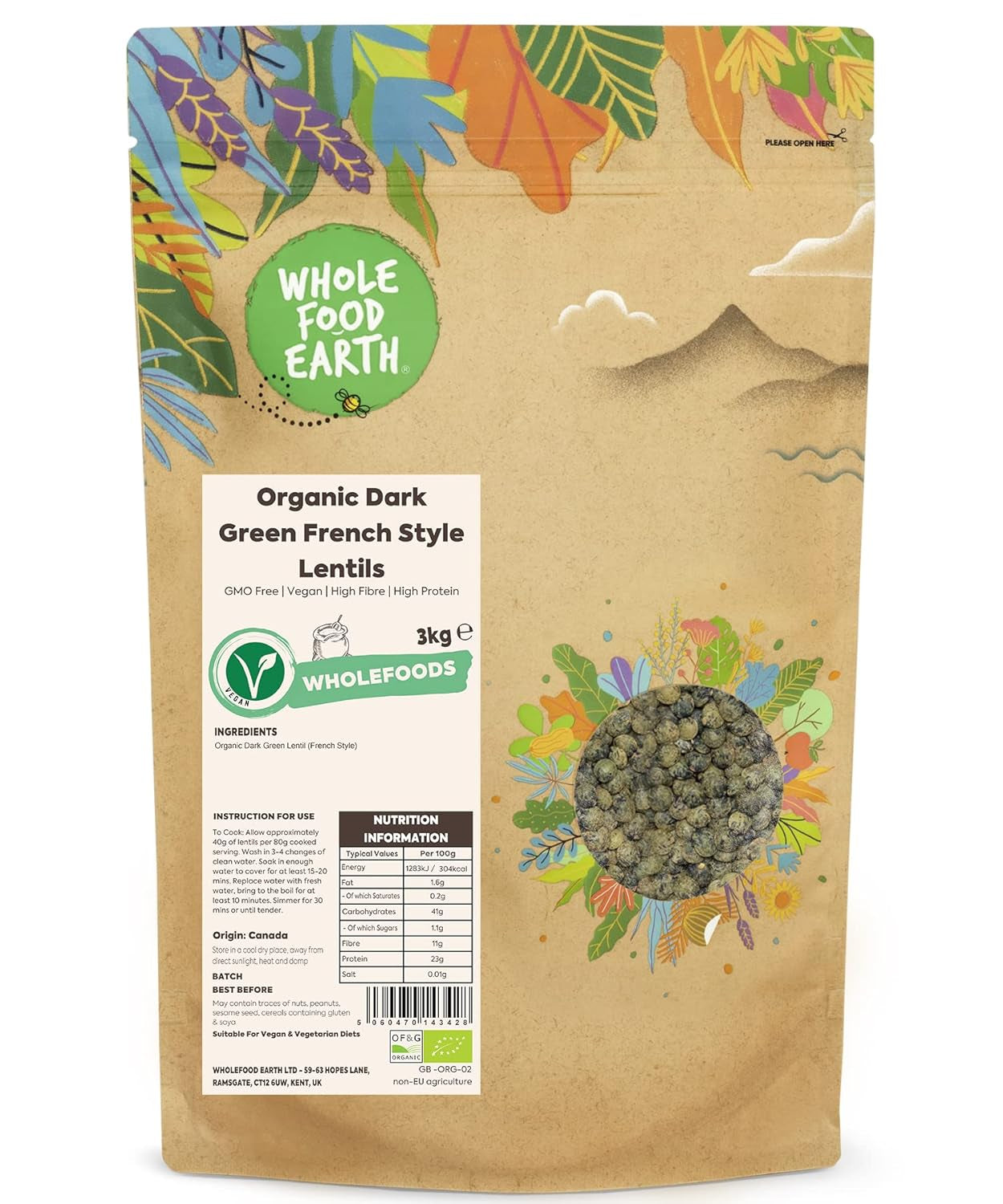 Wholefood Earth Ekologisk fransk stil Mörkgröna linser 1 kg icke-GMO | Vegan | Rik på fibrer | Rik på protein | Certifierad ekologisk
