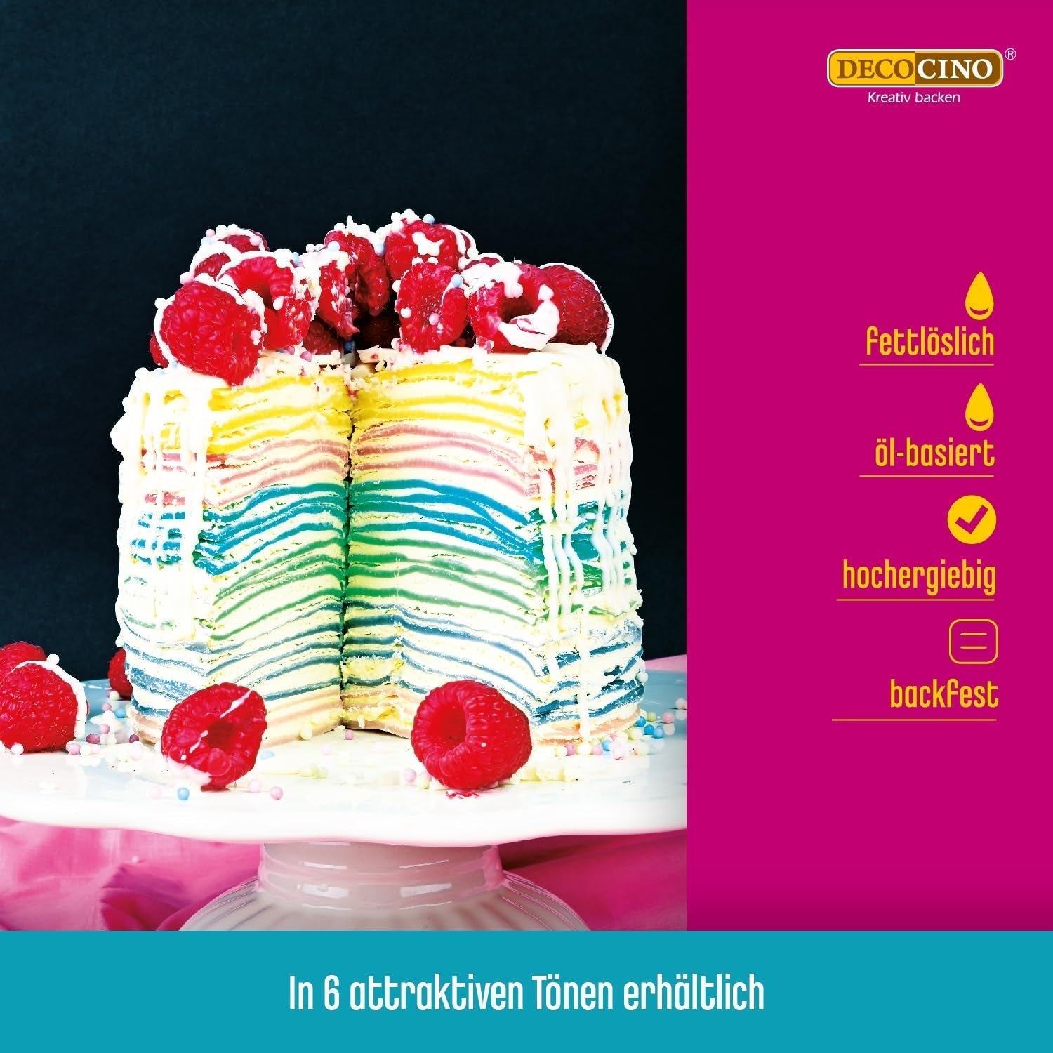 Decocino Fettlöslig färgpasta Set om 6 - 6 x 15 g - Livsmedelsfärg i rött, vitt, grönt, gult, blått och svart, perfekt för att färga tårtor, fondant och krämer - Azo- och glutenfri