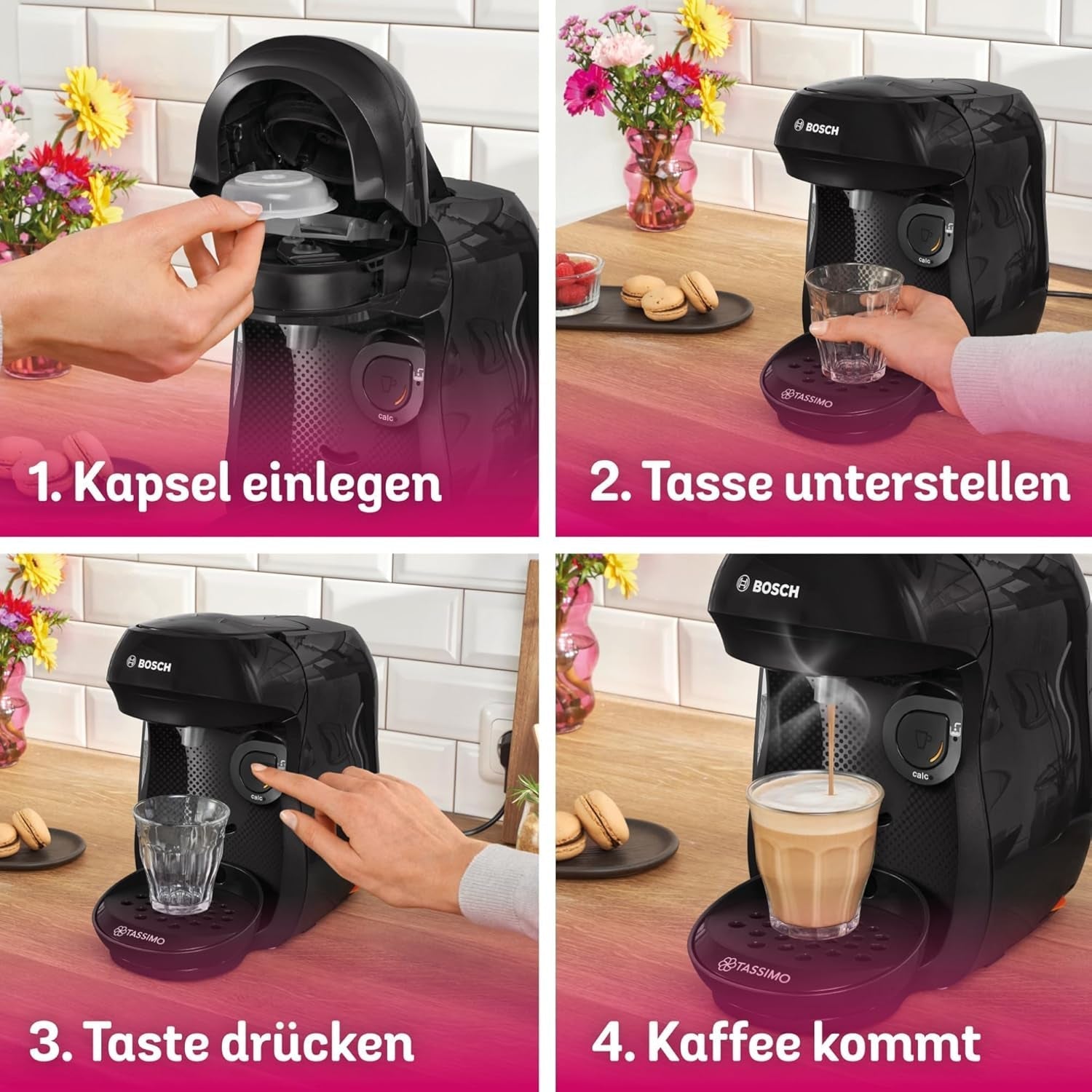 Bosch Tassimo Happy Friendly TAS102E Kapselespressomaskin, 70+ drycker, Lämplig för alla koppar, Auto-Stop, Hållbar, Perfekt Dosering, Utrymmesbesparande, 1400W, Svart