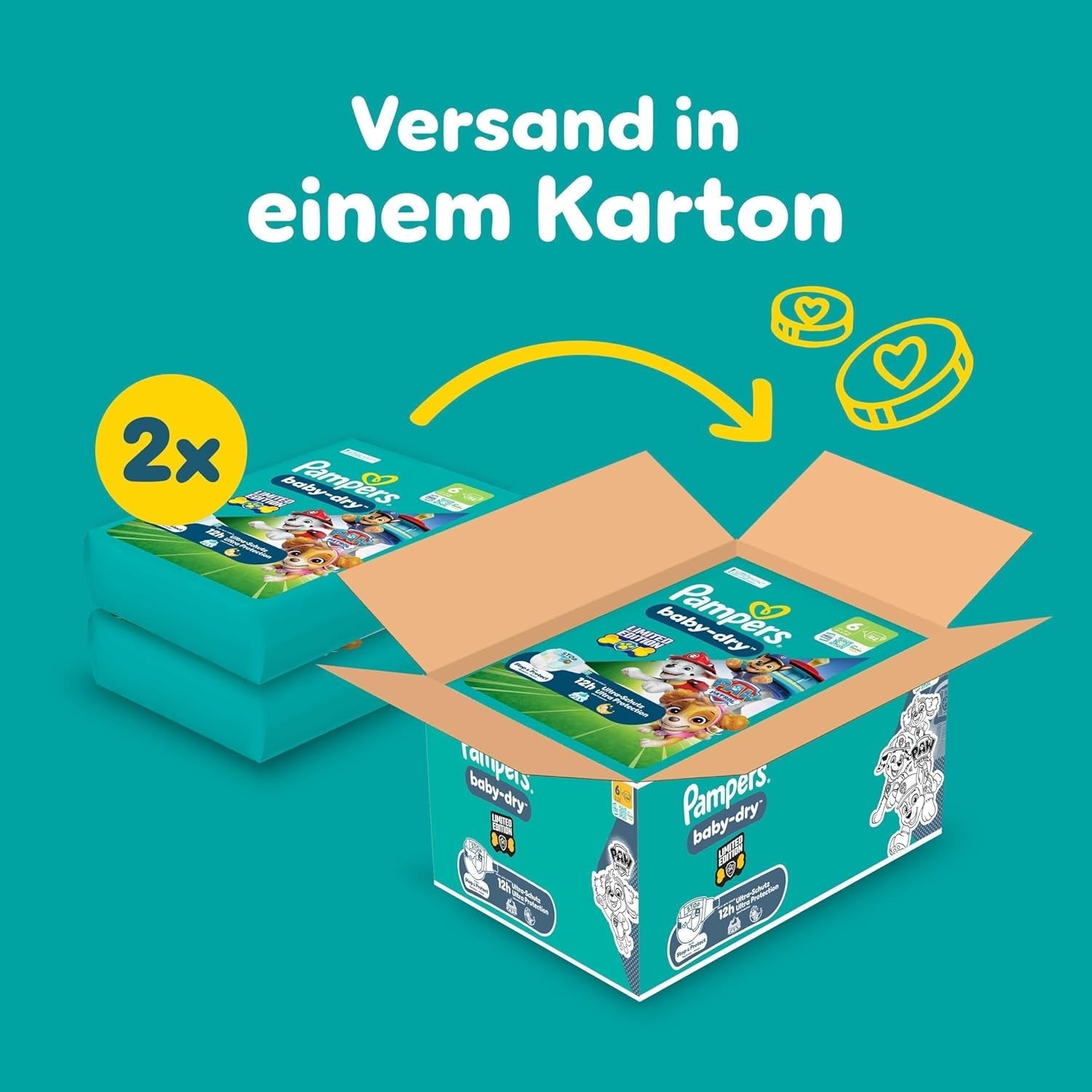 Pampers Baby-Dry Puppy Patrol Edition blöjor, storlek 6, 164 blöjor, 13 kg - 18 kg, upp till 100 % läckageskydd och komfort hela natten