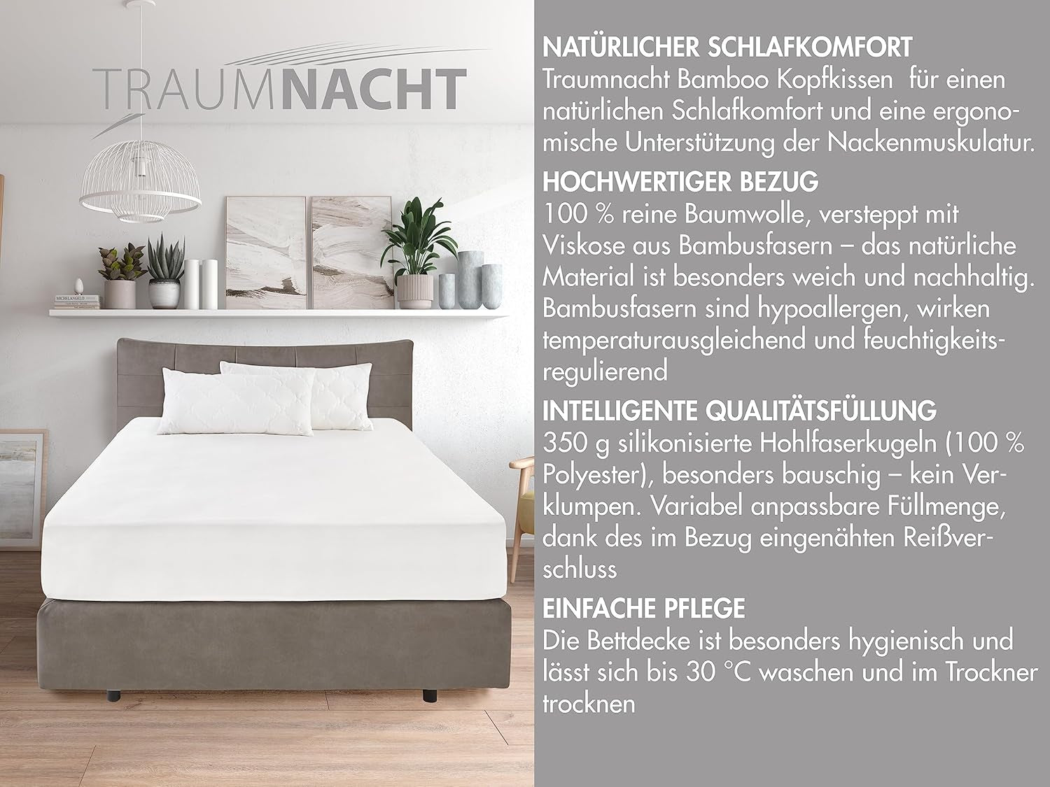 Traumnacht Bambukudde med bambufibrer, hypoallergen, antibakteriell Kuddset med dragkedja, bestående av 2 kuddar 40X80Cm, Oeko-Tex certifierad, utvecklad i Tyskland Naty Shop standardkuddar