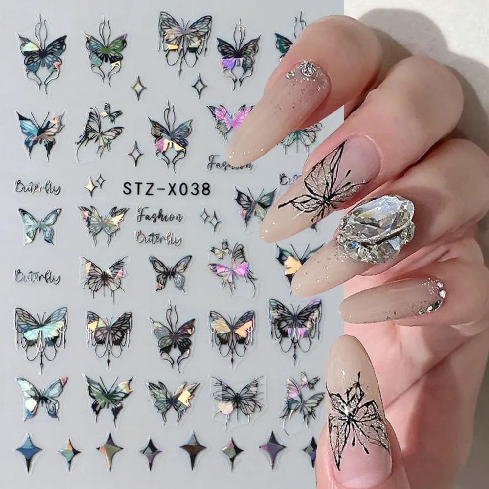 3D Metallic Schwarz Schmetterling Nagelsticker - Laser Pink Aurora Nagelaufkleber - Punk Butterfly Nail Art Stickers - Silver Nagelsticker - Nageldesign Zubehör