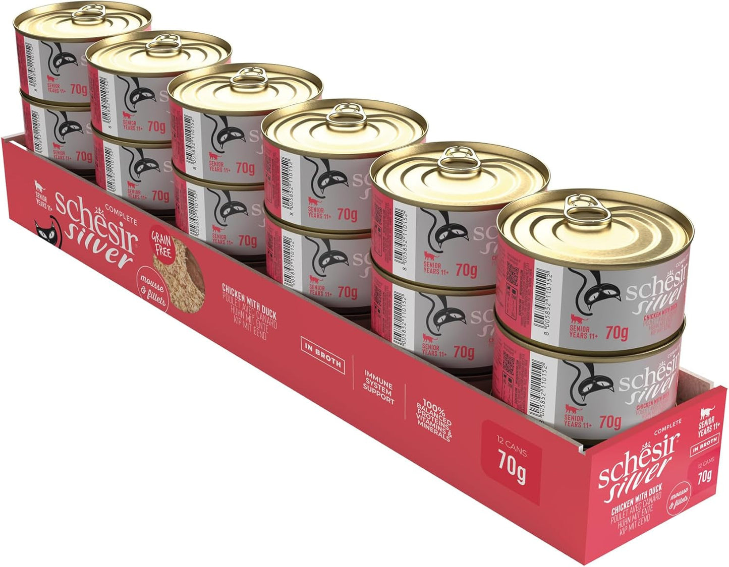 Silverkyckling med ankmousse och filéer, komplett våtfoder för äldre katter, spannmålsfri, immunstöd, fuktkälla, 12 x 70 g
