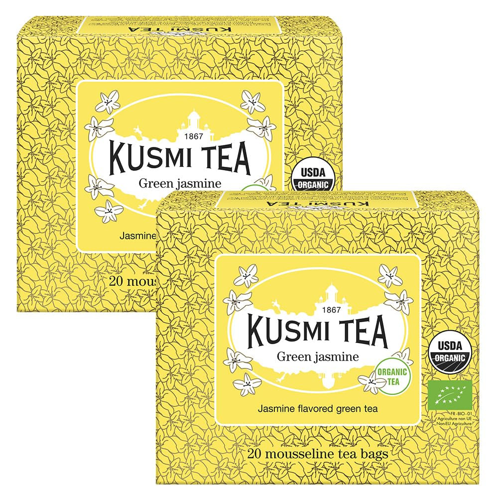 Kusmi Tea - Paket med 2 - Jasmine Green Tea - Ekologisk Jasmine Green Tea Blend - 100 % ekologiskt grönt te - Kan konsumeras varmt eller kallt - 2X20 tepåsar