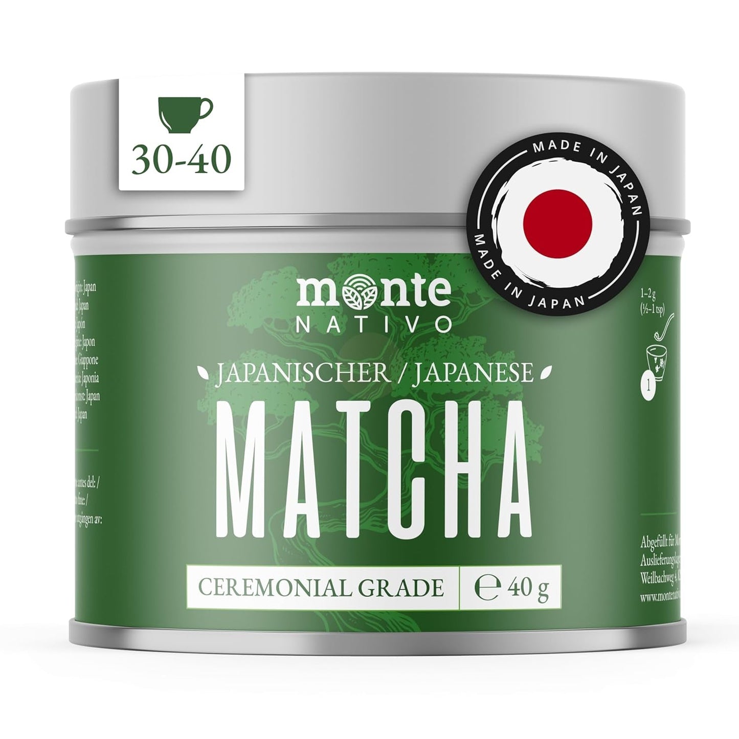 Monte Nativo Ceremonial Matcha Powder (40g) - perfekt för matcha te, lattes och smoothies - grönt te från Japan - ceremoniell kvalitet, i metalllåda - 100% ren, glutenfri, finmalen