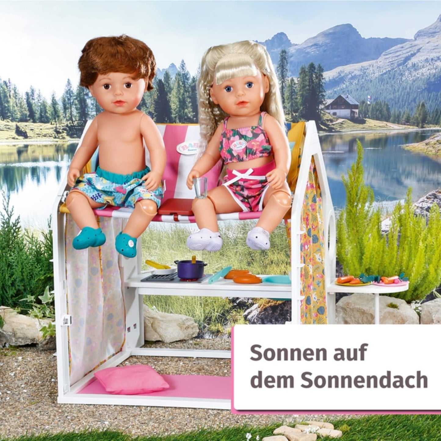 BABY born Dollhouse, Weekend House med ljus- och ljudfunktion, öppningsbara sidopaneler, diskho, grill och många tillbehör, 832752, Zapf Creation
