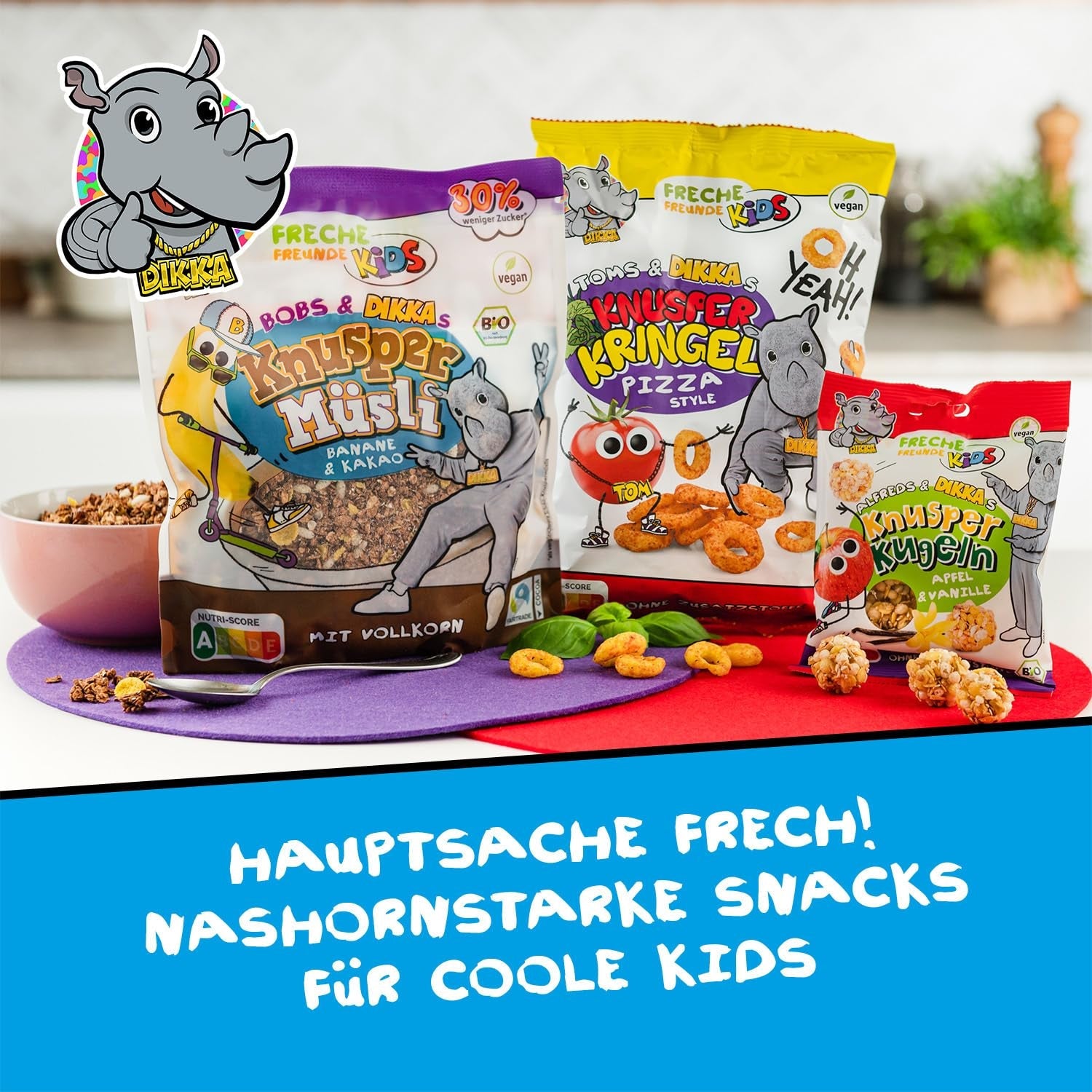 FRECHE FREUNDE KIDS, Bobs & DIKKAs Crunchy Banana Cacao Müsli, Crunchy Chocolate Müsli för barn, Lågt socker, Inga tillsatser, 100 % vegansk, 6 bitar (6 x 280 g)