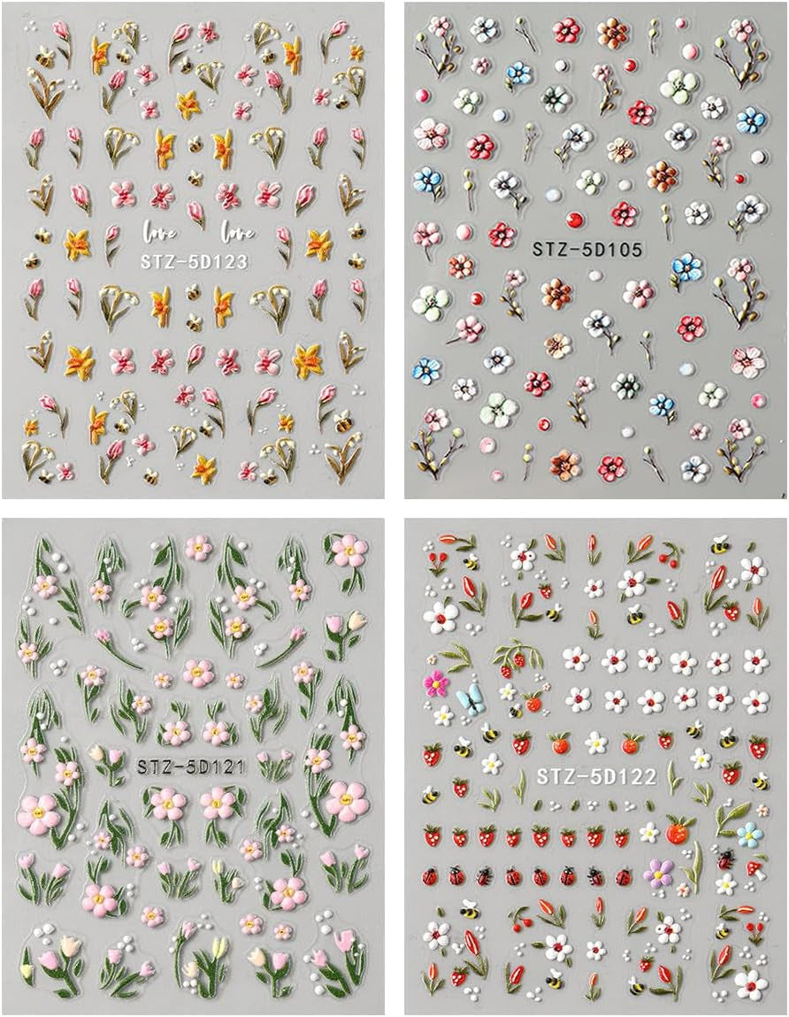 JMEOWIO 3D Nagelsticker Blumen Frucht Nail Art Sticker Selbstklebend Nagelaufkleber 5D Stereoskopisk Dekoration Nageldesign Zubehör 4 Blatt