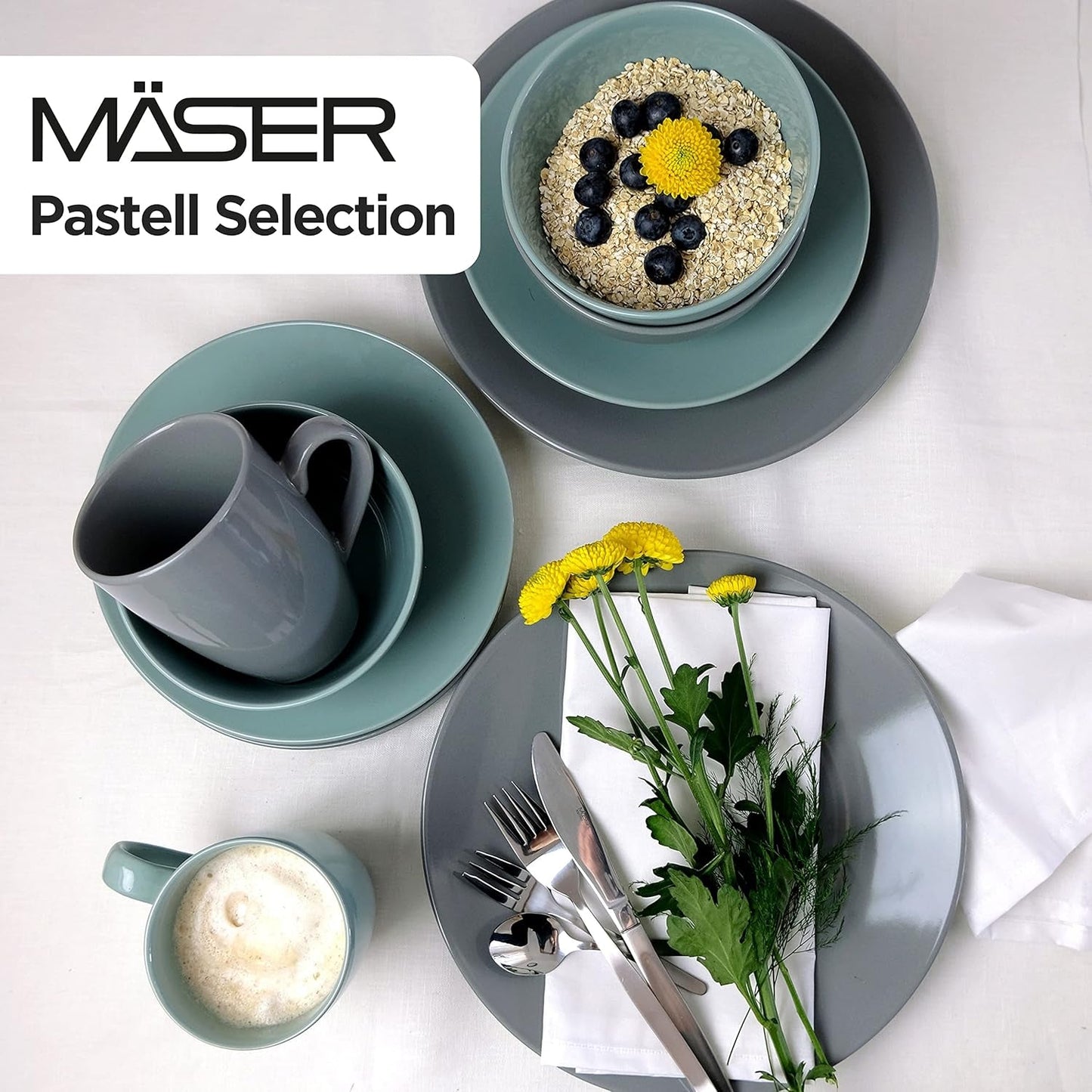 MÄSER Pastell Selection, Modernes Geschirr Set för 4 personer, 16-teiliges Kombiservice aus Keramik, Steinzeug, Türkis-Grün