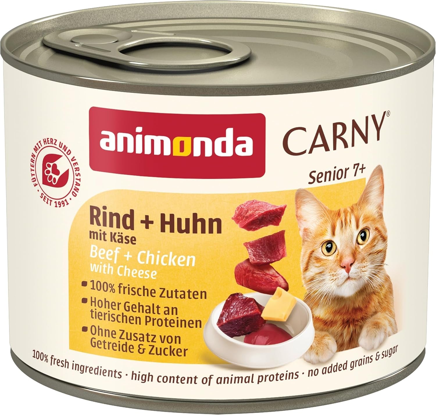 Animonda Carny Senior Våtfoder för katter med nötkött + kyckling + ost (6 x 200g), spannmålsfritt och sockerfritt våtfoder för katter 7 år och äldre, med färska och köttiga ingredienser