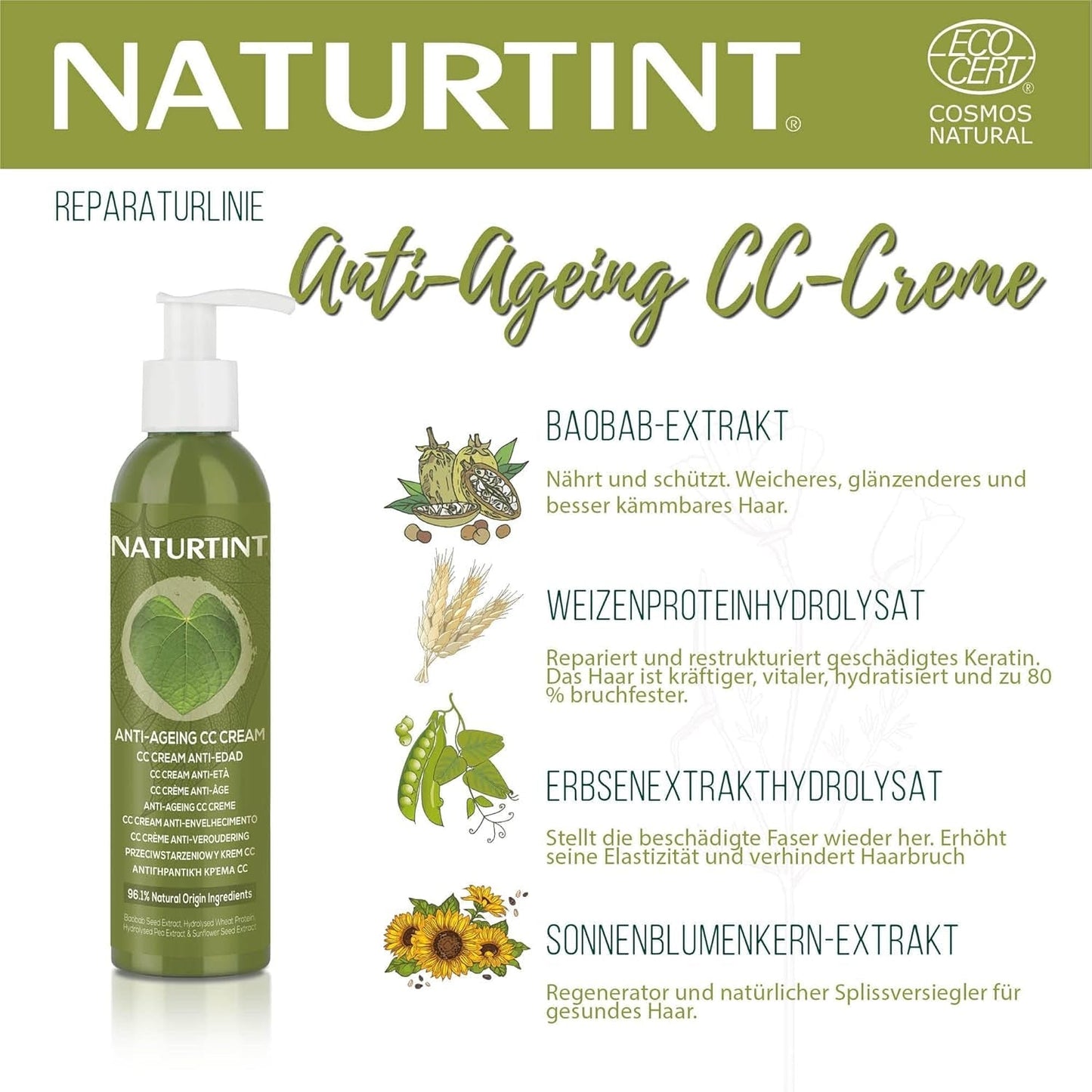 Natural Tint CC Cream. Ingen sköljmask. För torrt och skadat hår. Reparerar och återfuktar. 96% naturliga ingredienser. 200 ml Naty Shop hårmask
