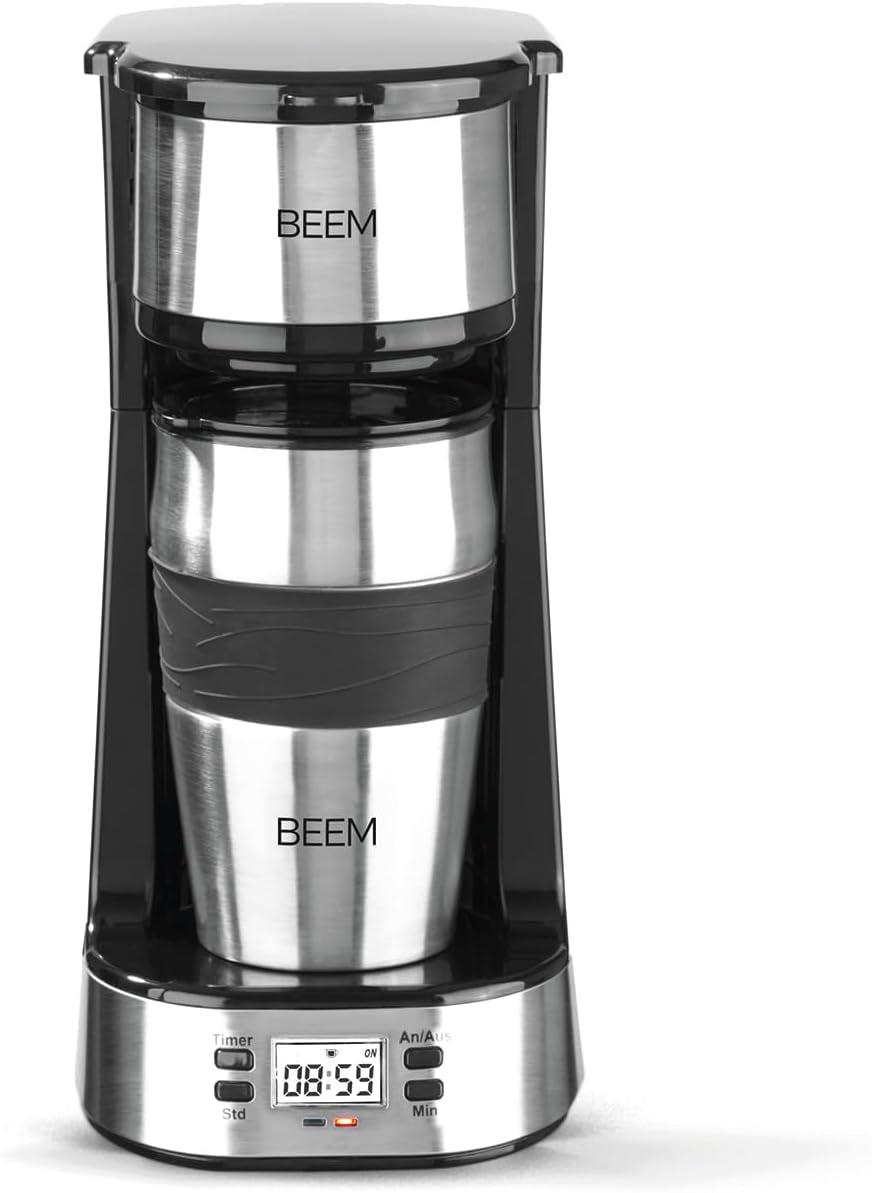 BEEM THERMO 2 GO enkelfilter espressomaskin med 0,4 l termokopp | Permanent filter | Med 24-timmars timer för en varm kopp kaffe på morgonen, ingen väntan | 750 W