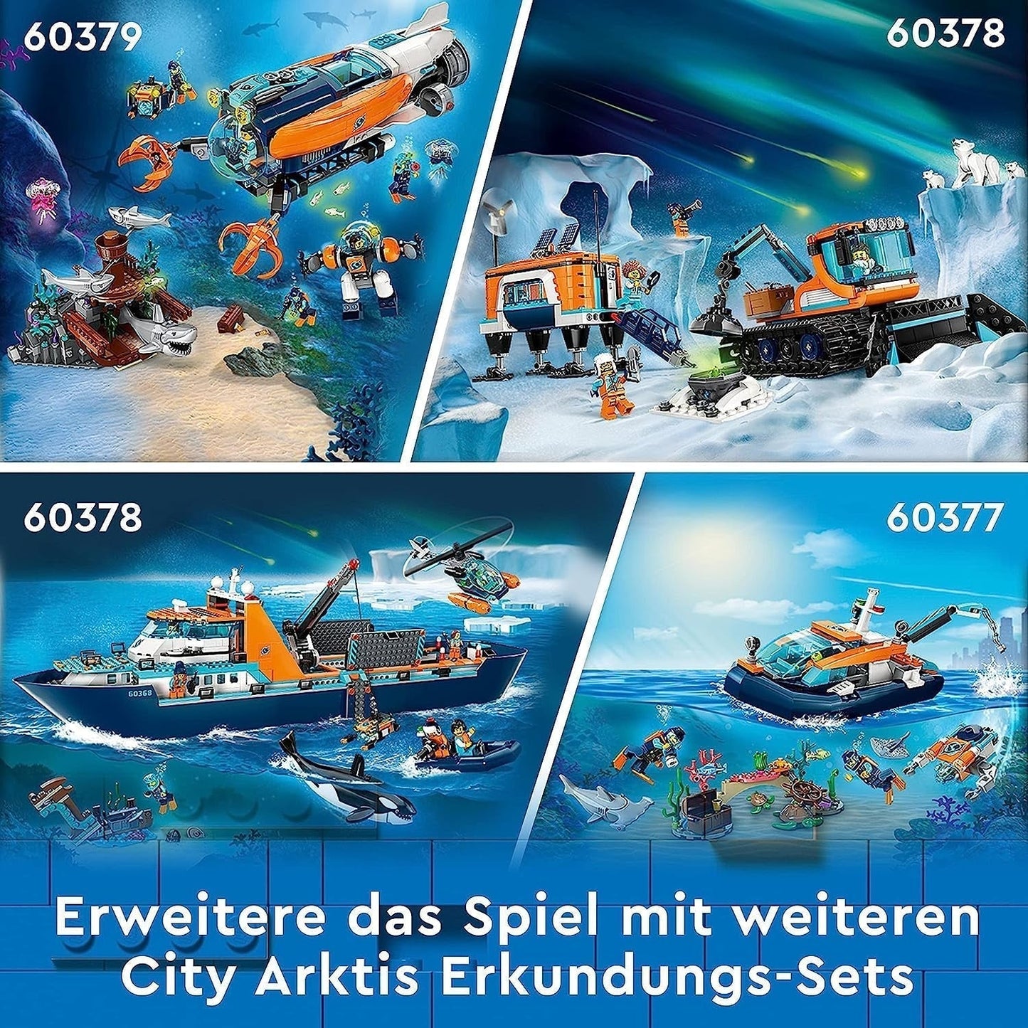 LEGO City Arctic Research Ship, stor flytande leksaksbåt med helikopter, uppblåsbar båt, Rov-ubåt, vikingavrak, 7 minifigurer och späckhuggarfigur, present till barn från 7 år och uppåt 60368 Byggset Besuche den LEGO-Store