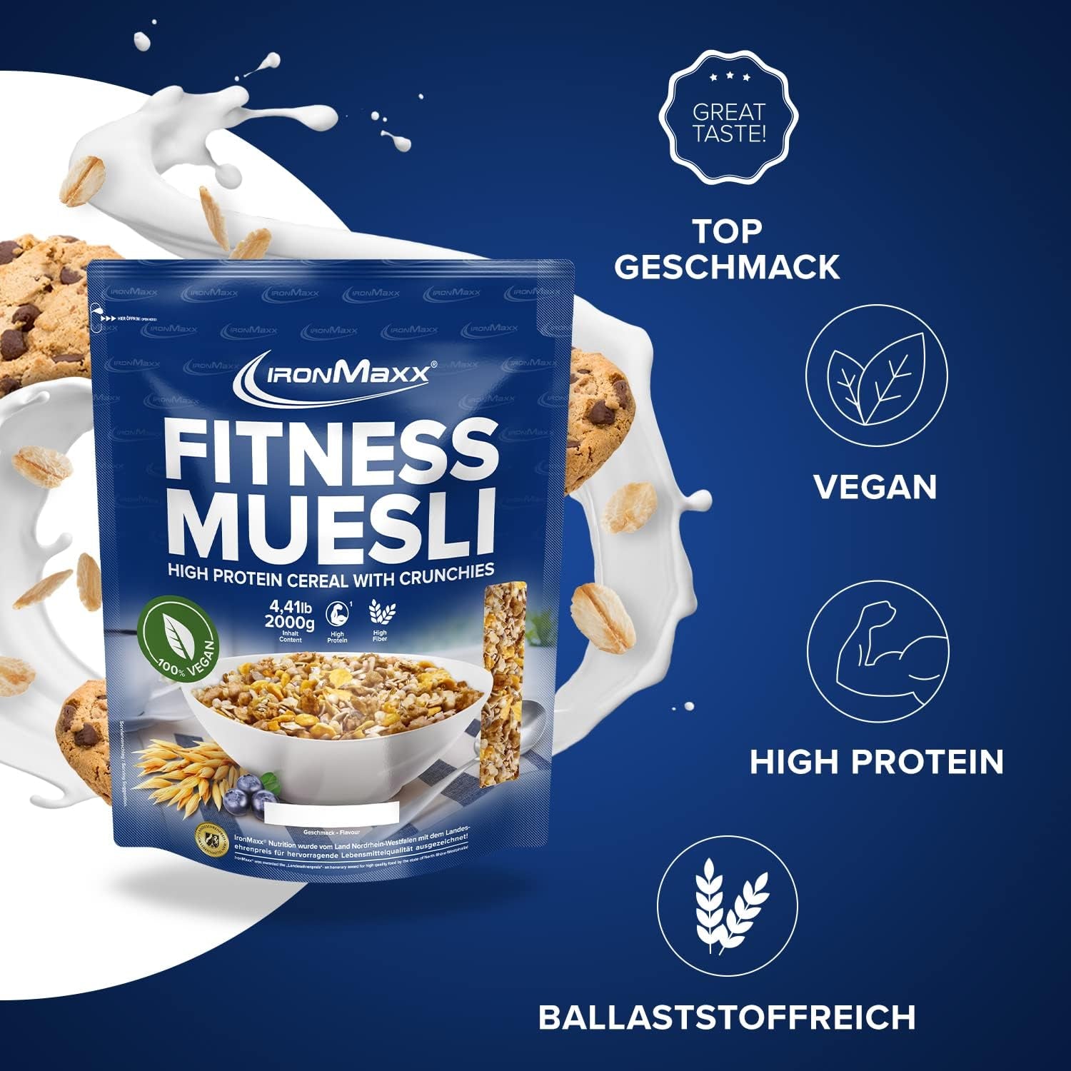 IronMaxx Fitness Müsli - Cookies & Cream, 2 kg påse | Proteinrik vegansk müsli med krispigt innehåll | Låg i socker och hög i fiber